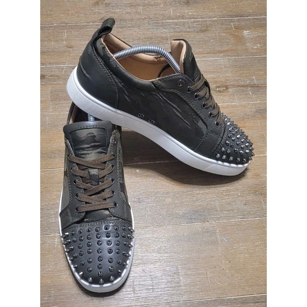 Christian Louboutin Louis Junior Spikes Camo Suede Sneakers EU 45 US 12 Green